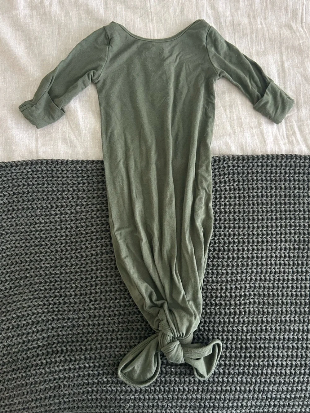Caden Lane Olive Green Knotted Baby Gown with Button Front